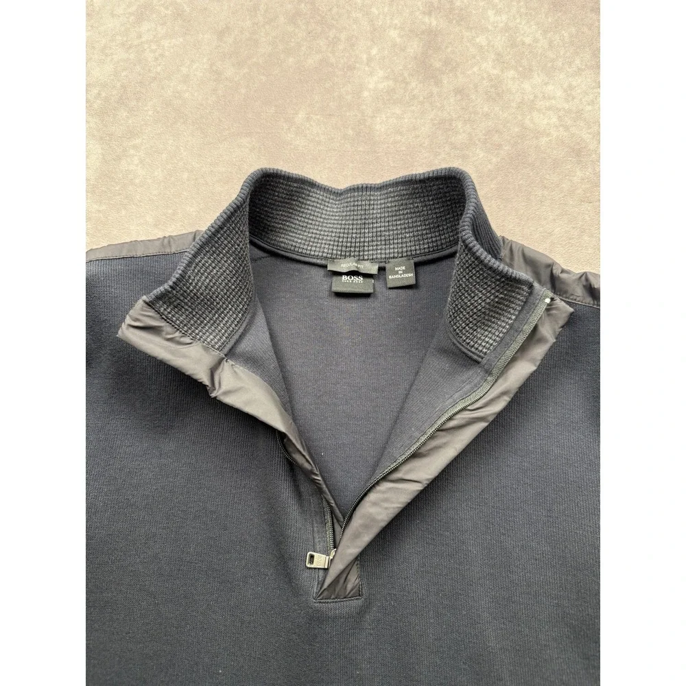 Hugo Boss Mens L Regular Fit Quarter Zip Pullover Black Shoulder Overlay Sweater